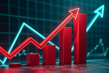 A futuristic financial chart with glowing red and cyan arrows indicating strong upward market trends, set against a sleek digital grid background.