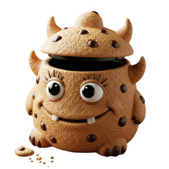 Cute Chocolate Chip Cookie Monster Cookie Jar with Horns and Googly Eyes on Background image isolated on a transparent background