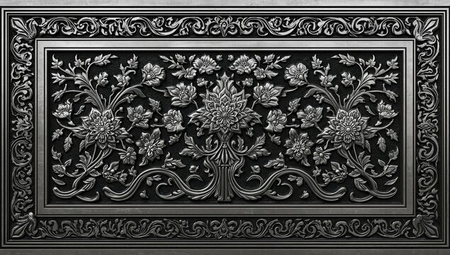 Decorative Asian chasing art framework featuring an arabesque pattern embossed on metal, intricate texture for editorial header background