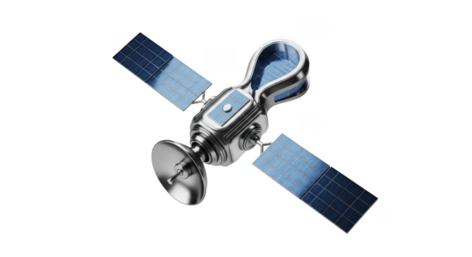 Detailed Satellite with Solar Panels and Dish Antenna on Background spacecraft space isolated on a transparent background