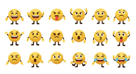 Collection of 3D yellow emoji characters with diverse facial expressions, depicted in a clean, vector cartoon illustration style against a white background, arranged in neat rows for easy use in