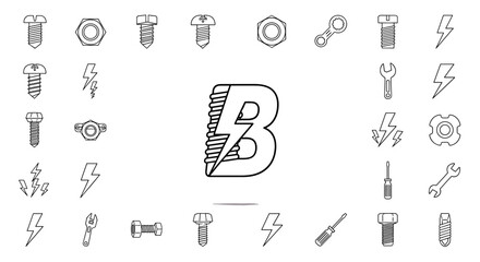 Naklejka premium Bolt Logo Design Featuring the Letter B with Lightning Bolt Accents, Set of Industrial Icons Including Bolts, Nuts, Wrenches, and Screwdrivers on a Clean White Background, Vector Cartoon Illustration