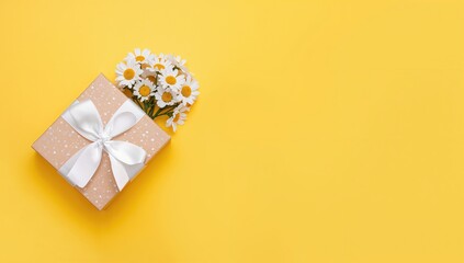 Present wrapped in white ribbon alongside chamomile bouquet on vivid yellow surface, overhead shot with empty area. Concept design for special occasions like Mother's Day, birthdays, and