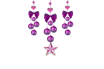 set of abstract symbols. Purple shining hanging balls, stars, love, ribbons design element on transparent background. new year, christmas, wedding, birthday concepts.