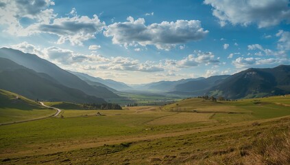 Majestic mountains rising above verdant grasslands beneath a cloudy sky, preserving natural beauty