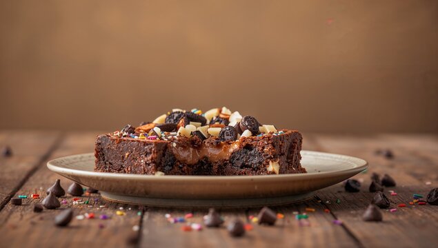 Melted brownies adorned with a variety of toppings including Oreo and chocolate chips, indulgent dessert choice - Powered by Adobe