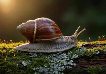 Garden Snail on Mossy Log in Sunlight