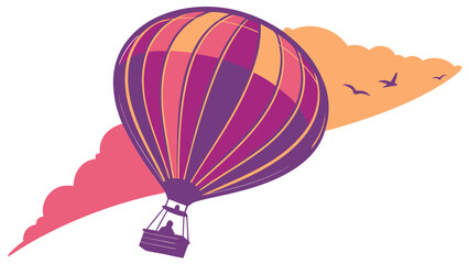 Soaring High: The artwork showcases a vibrantly colored hot air balloon, floating against a backdrop of stylized clouds and a flock of birds, painted in bold hues to convey the freedom of flight.