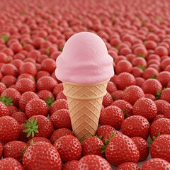 Strawberry ice cream cone surrounded by fresh strawberries for summer delight