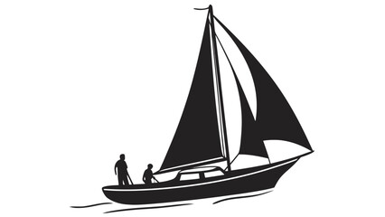 Sailing Silhouette: A sleek sailboat glides gracefully across the water. Two figures are navigating the vessel with determination.