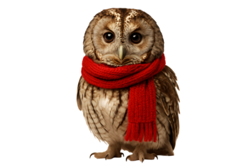 Brown owl with red scarf. Winter holidays. Wildlife Christmas.