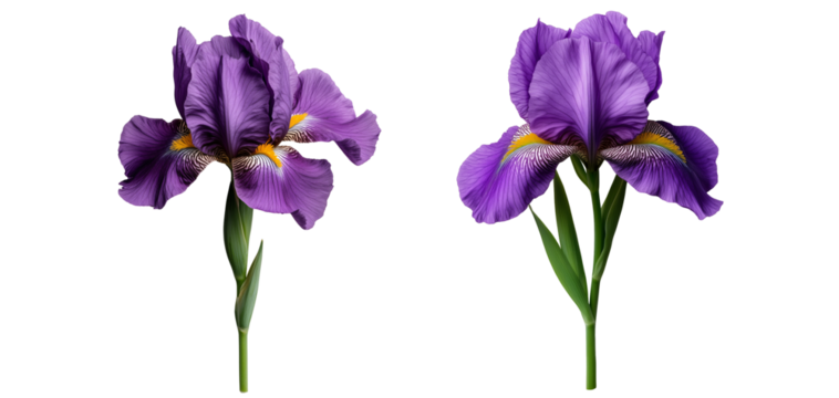 A single white and purple iris with slender petals isolated on transparent background	