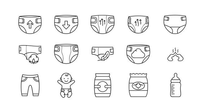 Vector pictogram collection of baby care essentials, featuring line icons for diapers with various features like absorbency, breathability, cotton material, and softness, alongside baby pants, a baby