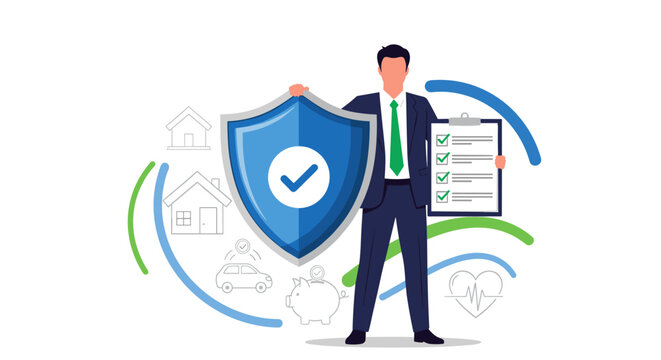 A professional businessman in a dark suit and green tie holds a large blue shield with a checkmark, symbolizing protection and security, alongside a checklist document, representing insurance