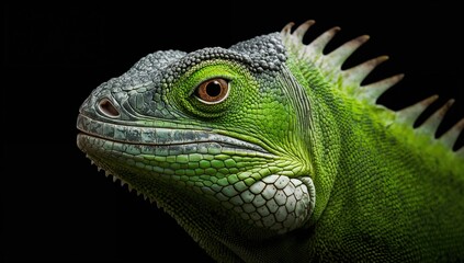 Close-up of a green iguana against a black background, showcasing the intricate textures of its scales, wildlife awareness