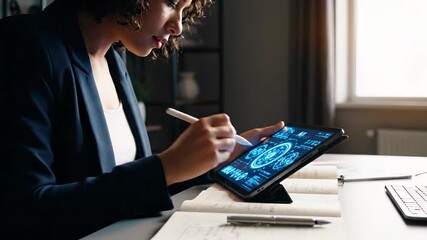 Woman using tablet with stylus. Technology interface on touchscreen displays data analysis. Business office setting with digital tools. Stylus input supports software and teamwork. Focus innovation. - Powered by Adobe