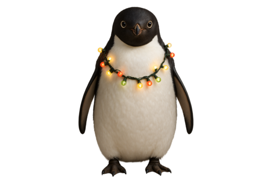 Penguin with Christmas lights garland. Winter holidays. Cute animals.