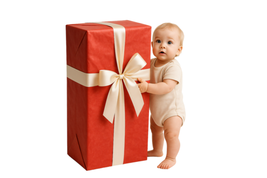 Baby with big Christmas gift box. Winter holidays. Family mood.