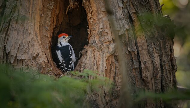 Adult female Levaillant's Woodpecker (Picus vaillantii) near an ancient nest entrance