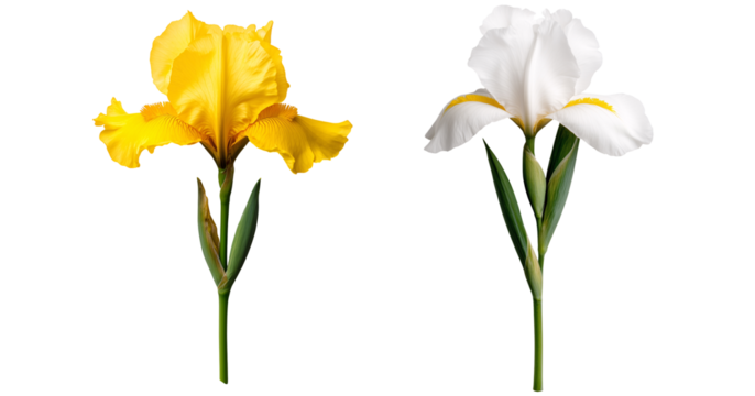 A single white and purple iris with slender petals isolated on transparent background	