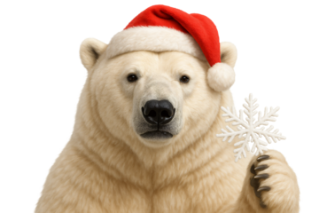 Polar bear in Santa hat. Christmas. Winter wildlife. Arctic holidays.