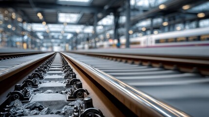 Blurred Train Tracks Leading to a Rail Platform with a Train Car Ready for Arrival and Transport