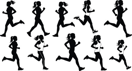 Silhouette runner motion, athletic poses, black outline figures, running stride phases, minimal vector design, dynamic posture concept, sports activity illustration