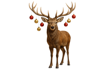 Reindeer with decorated antlers. Christmas. Holiday season.