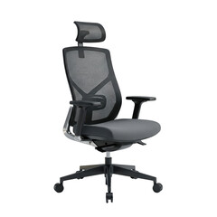 Ergonomic and Gray Mesh Office Chair with Headrest and Adjustable Arms on Background Keywords: office chair, ergonomic, mesh, black, gray, modern isolated on a transparent background