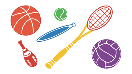 Sports Equipment: A collection of various sports equipment including a basketball, tennis ball, badminton, baseball bat, tennis racket, and volleyball.