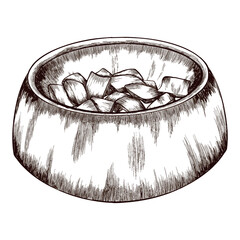 A bowl of dry food for cats or dogs. Vector image drawn in graphic style.