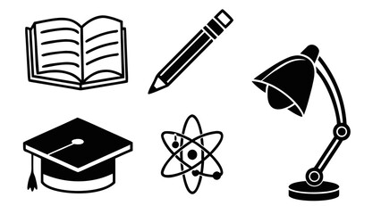 Essentials of Learning: An illustrative arrangement of academic icons, including an open book, a pencil, a desk lamp, a graduation hat, and an atom, all in stark monochrome.