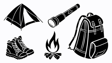 Essential Camping Kit: An organized display of camping essentials, featuring a tent, telescope, backpack, hiking boots, and a campfire. 