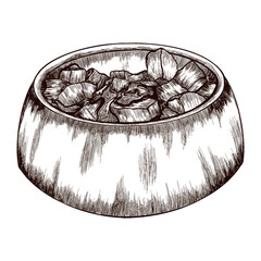 A bowl of wet food for cats or dogs. Vector image drawn in graphic style.