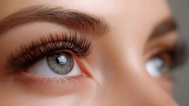 Closeup of female blue eyes with eyelash extensions and natural makeup