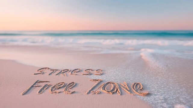 Stress free zone written on sandy beach at sunset with ocean waves washing ashore