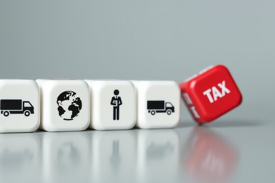 A red cube labeled "TAX" tips over a row of white cubes representing logistics and delivery (location pin, ship, truck, person with package), symbolizing the impact or burden of taxation on business o