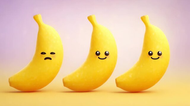 Cute cartoon bananas with happy and sad expressions on pastel background symbolizing emotions