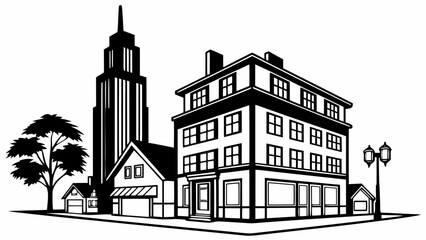 Urban Skyline Illustration: A striking black and white illustration of an urban cityscape, showcasing a towering skyscraper, traditional buildings, trees, and street lamps.