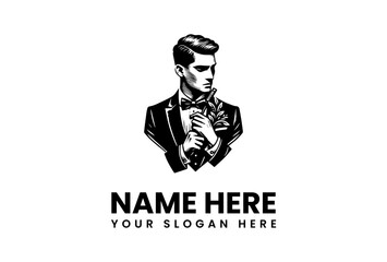 Portrait of a classic gentleman in a sharp tuxedo with a bow tie, adjusting his flower boutonnière for a formal event or wedding ceremony