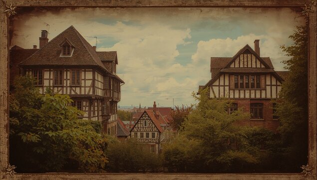Retro textured image of ancient half-timbered buildings with sky and foliage