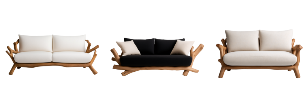 black and white beige leather modern soft pastel sofa with wooden legs isolated on transparent background	