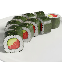 Fresh Salmon and Avocado Sushi Rolls Arranged on a White Plate with Sesame Seeds Keywords: sushi, maki, salmon, avocado, seaweed, nori, rice, sesame seeds isolated on a transparent background