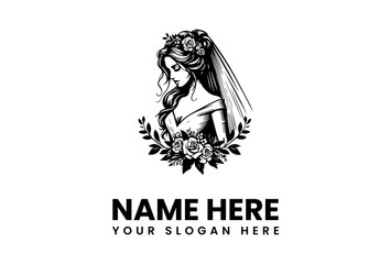 Classic hand-drawn illustration of a bride with flowers and a veil, elegant wedding services logo template vector. 100.eps