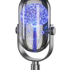 Futuristic 3D rendering of a glowing blue neural network brain inside a glass microphone technology isolated on a transparent background