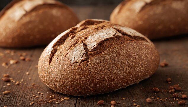 Freshly baked rye bread with seeds on wooden surface, fiber-dense choice