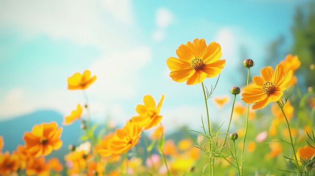 A field of vibrant orange cosmos flowers blooming under a bright blue sky with fluffy white clouds on a sunny day, evoking a sense of natures beauty and tranquility