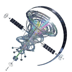 Futuristic 3D Sci- Fi Space Station with Solar Panels and Colorful Energy Beams Keywords: space station, futuristic, sci-fi, 3d, render, satellite, solar panels isolated on a transparent background