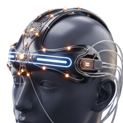 Futuristic 3D Headset with Glowing Lights and Wires on a Dark Mannequin Head technology science fiction isolated on a transparent background