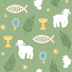 Christian seamless pattern. Religion symbols, christianity church elements. Decorative print with cartoon sheep, golden cup, branches, racy vector background